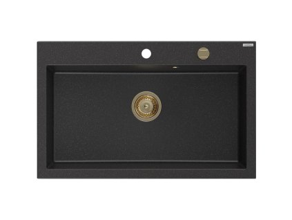 MEXEN/S - Elix granitový dřez 1-miska 800 x 500 mm, černá/stříbrná metalik, sifon zlatá 6527801005-73-G