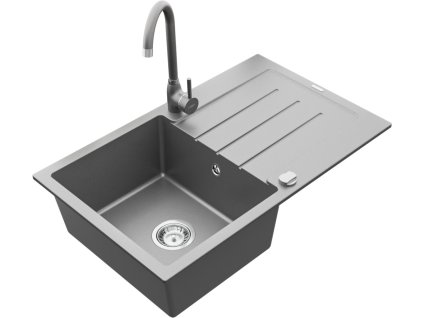 MEXEN/S - Bruno granitový dřez 1 s odkapávačem včetně baterie Telma, šedá 6513-71-670200-71