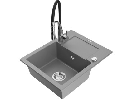 MEXEN/S - Enzo granitový dřez 1 s odkapávačem včetně baterie Aster, šedá 6506-71-73450-07