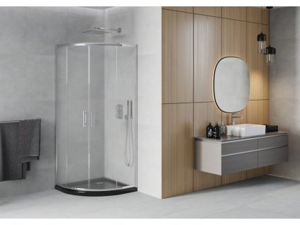 MEXEN/S - Rio čtvrtkruhový sprchový kout 90 x 90, mráz, chrom + vanička se sifonem Flat, černý 863-090-090-01-30-4170