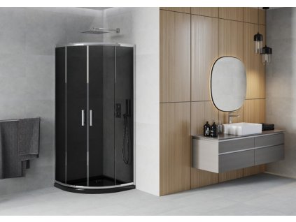 MEXEN/S - Rio čtvrtkruhový sprchový kout 90 x 90, grafit, chrom + vanička se sifonem Flat, černý 863-090-090-01-40-4170