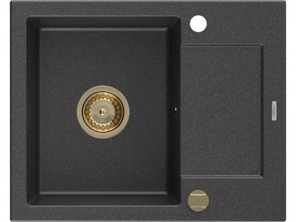 MEXEN/S - Enzo granitový dřez 1 s odkapávačem 576x465 mm, černá kropenatá,+ zlatý sifon 6506571005-76-G