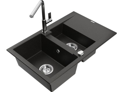MEXEN/S - Gaspar granitový dřez 1.5 s odkapávačem včetně baterie Flora, černá/zlatá metalik 6507-75-670401-00