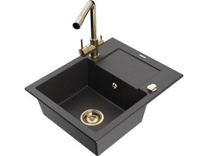 MEXEN/S - Enzo granitový dřez 1-miska s odkapávačem včetně baterie Duero, černá kropenatý 6506-76-671600-50