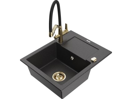 MEXEN/S - Enzo granitový dřez s odkapávačem včetně baterie Duo, černá kropenatá 6506-76-671701-57-G