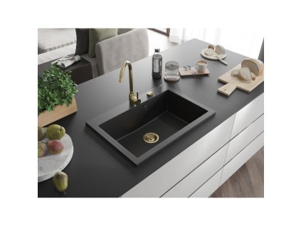 MEXEN/S - Elix granitový dřez 1-miska 700 x 500 mm, černá/stříbrná metalik, sifon zlatá 6526701005-73-G