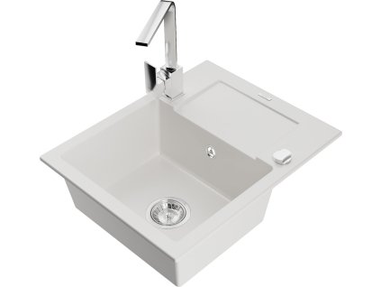 MEXEN/S - Enzo granitový dřez 1-miska s odkapávačem včetně baterie Rita, bílá 6506-20-670300-00