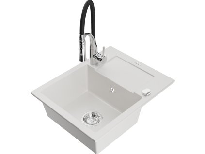 MEXEN/S - Enzo granitový dřez 1 s odkapávačem včetně baterie Aster, bílá 6506-20-73450-07