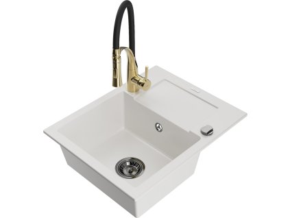 MEXEN/S - Enzo granitový dřez 1 s odkapávačem včetně baterie Aster, bílá 6506-20-73450-57-B