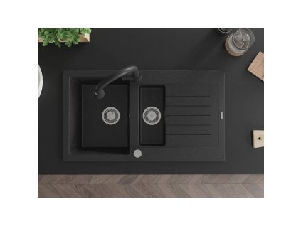 MEXEN - Matias žula dřez 1,5-mísa dřez s vypouštěním krátký odkapávač 900x505 mm, černá / stříbrná metalíza 6502901505-73