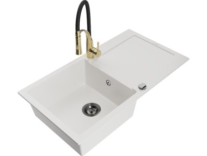 MEXEN/S - Leo granitový dřez 1 s odkapávačem včetně baterie Aster, bílá 6501-20-73450-57-B