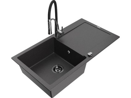 MEXEN/S - Leo granitový dřez 1 s odkapávačem včetně baterie Aster, černá kropenatá 6501-76-73450-07-B