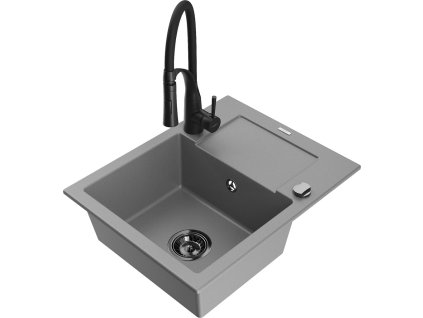 MEXEN/S - Enzo granitový dřez 1 s odkapávačem včetně baterie Aster, šedá 6506-71-73450-70-B