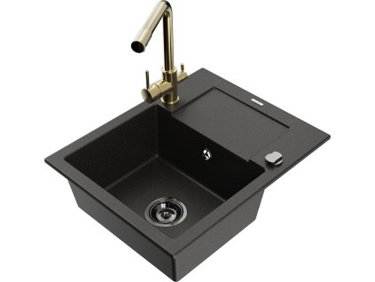MEXEN/S - Enzo granitový dřez 1-miska s odkapávačem včetně baterie Duero, černá/zlatá metalik 6506-75-671600-50-B