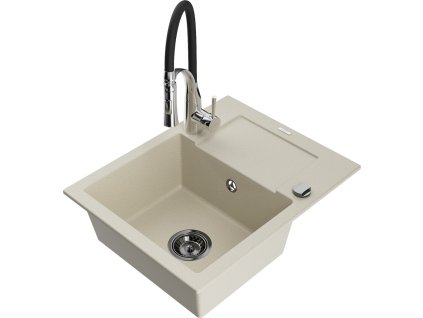 MEXEN/S - Enzo granitový dřez 1 s odkapávačem včetně baterie Aster, béžová 6506-69-73450-07-B