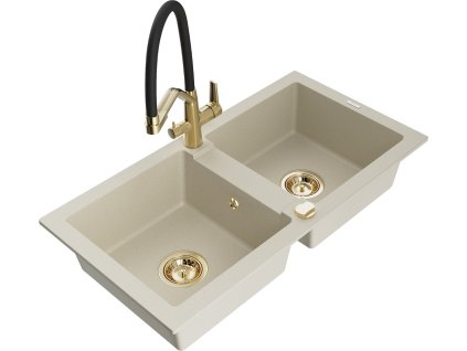 MEXEN/S - Mario granitový dřez 2-bowly včetně baterie Duo, béžová 6504-69-671701-57-G