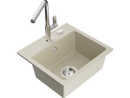 MEXEN/S - Milo granitový dřez 1-miska včetně baterie Flora, béžová 6505-69-670401-00