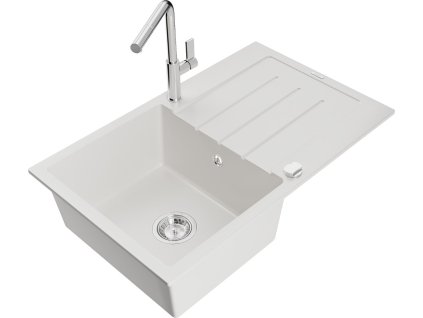 MEXEN/S - Bruno granitový dřez 1 s odkapávačem včetně baterie Flora, bílá 6513-20-670401-00