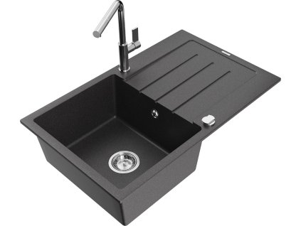 MEXEN/S - Bruno granitový dřez 1 s odkapávačem včetně baterie Flora, černá kropenatá 6513-76-670401-00