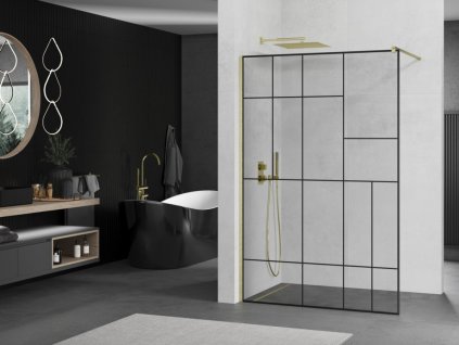 MEXEN/S - Kioto Sprchová zástěna WALK-IN 70 x 200, černý vzor 8 mm, zlatá kartáčovaná 800-070-101-55-78