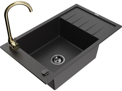 MEXEN/S - Elias granitový dřez s odkapávačem včetně baterie Telma, černá 6511-77-670200-50-B