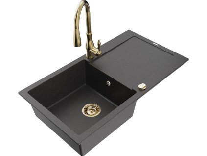 MEXEN/S - Leo granitový dřez 1-miska s odkapávačem včetně baterie Savita, černá kropenatá 6501-76-672601-50
