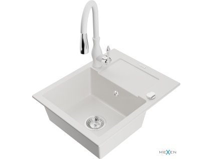 MEXEN/S - Enzo granitový dřez 1 s odkapávačem včetně baterie Savita, bílá 6506-20-672601-20