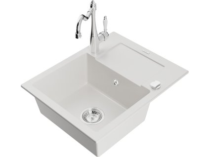 MEXEN/S - Enzo granitový dřez 1 s odkapávačem včetně baterie Carla, bílá 6506-20-670700-00