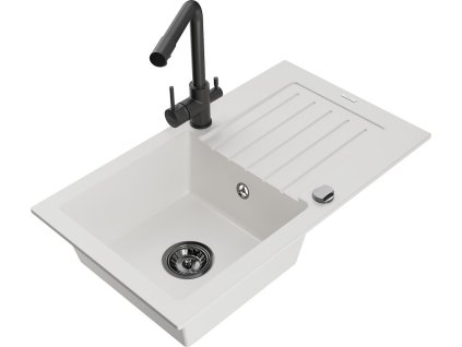 MEXEN/S - Pablo granitový dřez s odkapávačem včetně baterie Duero, bílá 6510-20-671600-70