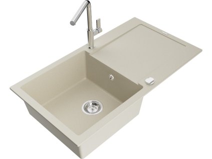 MEXEN/S - Leo granitový dřez 1 s odkapávačem včetně baterie Flora, béžováy 6501-69-670401-00