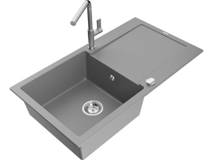 MEXEN/S - Leo granitový dřez 1 s odkapávačem včetně baterie Flora, šedá 6501-71-670401-00