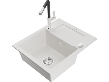 MEXEN/S - Enzo granitový dřez 1-miska s odkapávačem včetně baterie Flora, bílá 6506-20-670401-07