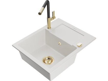 MEXEN/S - Enzo granitový dřez 1-miska s odkapávačem včetně baterie Flora, bílá 6506-20-670401-57-G