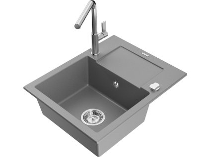 MEXEN/S - Enzo granitový dřez 1-miska s odkapávačem včetně baterie Flora, šedá 6506-71-670401-00