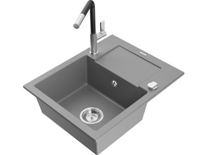 MEXEN/S - Enzo granitový dřez 1-miska s odkapávačem včetně baterie Flora, šedá 6506-71-670401-07