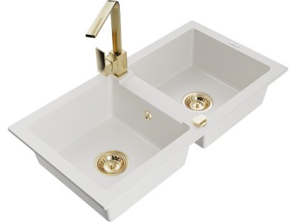 MEXEN/S - Mario granitový dřez 2-bowly včetně baterie Rita, bílá 6504-20-670300-50