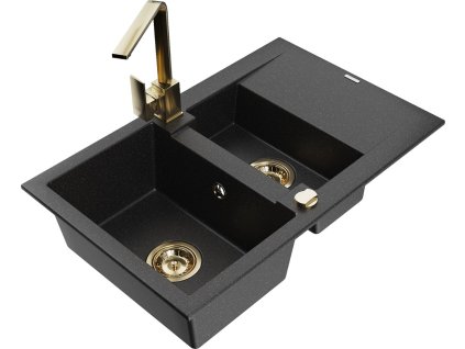 MEXEN/S - Gaspar granitový dřez 1.5 s odkapávačem včetně baterie Rita, černý/stříbrný metalik 6507-73-670300-50