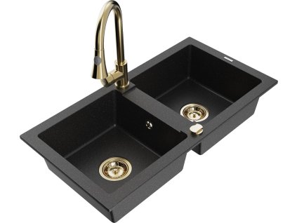 MEXEN/S - Mario granitový dřez 2-bowl včetně baterie Elia, černá/stříbrná metalik 6504-73-670101-50