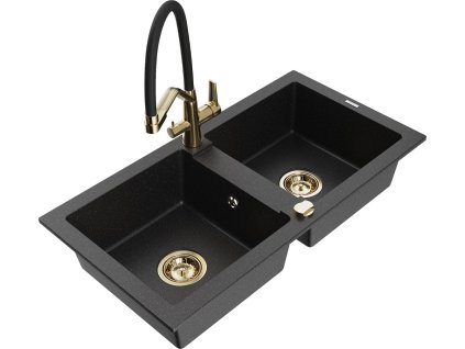 MEXEN/S - Mario granitový dřez 2-bowly včetně baterie Duo, černá/stříbrná metalik 6504-73-671701-57-G