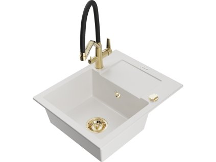 MEXEN/S - Enzo granitový dřez s odkapávačem včetně baterie Duo, bílá 6506-20-671701-57-G