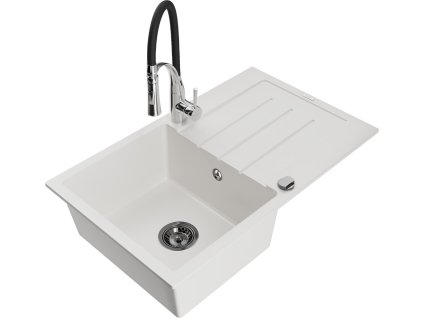 MEXEN/S - Bruno granitový dřez s odkapávačem včetně baterie Aster, bílá 6513-20-73450-07-B
