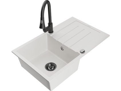 MEXEN/S - Bruno granitový dřez 1 s odkapávačem včetně baterie Elia, bílá 6513-20-670101-70