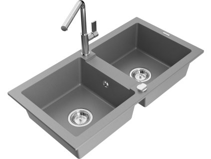 MEXEN/S - Mario granitový dřez 2-bowl včetně baterie Flora, šedá 6504-71-670401-00