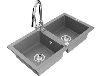 MEXEN/S - Mario granitový dřez 2-bowl včetně baterie Elia, šedá 6504-71-670101-00