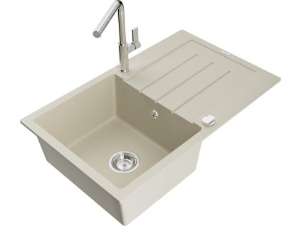 MEXEN/S - Bruno granitový dřez 1 s odkapávačem včetně baterie Flora, béžová 6513-69-670401-00