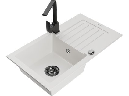 MEXEN/S - Pablo granitový dřez 1-miska s odkapávačem včetně baterie Rita, bílá 6510-20-670300-70