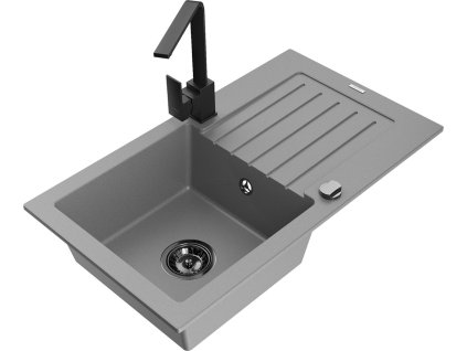 MEXEN/S - Pablo granitový dřez 1-miska s odkapávačem včetně baterie Rita, šedý 6510-71-670300-70-B