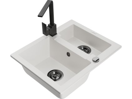 MEXEN/S - Carlos granitový dřez 1.5 včetně baterie Rita, bílá 6518-20-670300-70