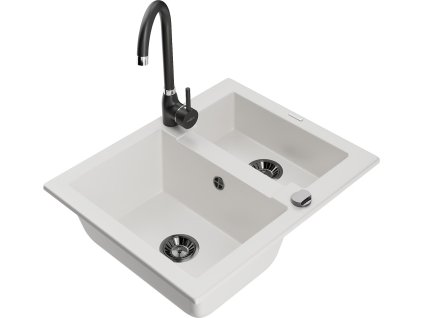 MEXEN/S - Carlos granitový dřez 1.5 včetně baterie Telma, bílá 6518-20-670200-70