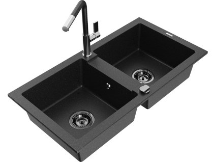 MEXEN/S - Mario granitový dřez 2-bowl včetně baterie Flora, černá/stříbrná metalik 6504-73-670401-07-B